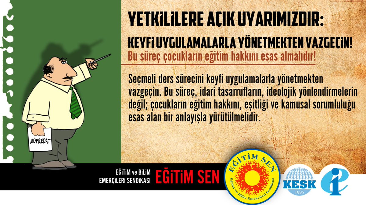 🔴Seçmeli dersleri seçmek idarenin değil, öğrencilerin hakkıdır!  
Yetkililere Açık Uyarımızdır: Seçmeli ders sürecini keyfi uygulamalarla yönetmekten vazgeçin. Bu süreç, idari tasarrufların, ideolojik yönlendirmelerin değil; çocukların eğitim hakkını, eşitliği ve kamusal