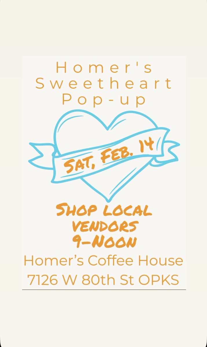 Homerscoffee's tweet photo. Shop small this Valentine’s Day with us! Local vendors will pop up from 9am-Noon.
+ Live Jazz at 6:30pm

Don’t miss out 💕 
80th &amp; Metcalf in @DowntownOP https://t.co/TMp0dZKMF0