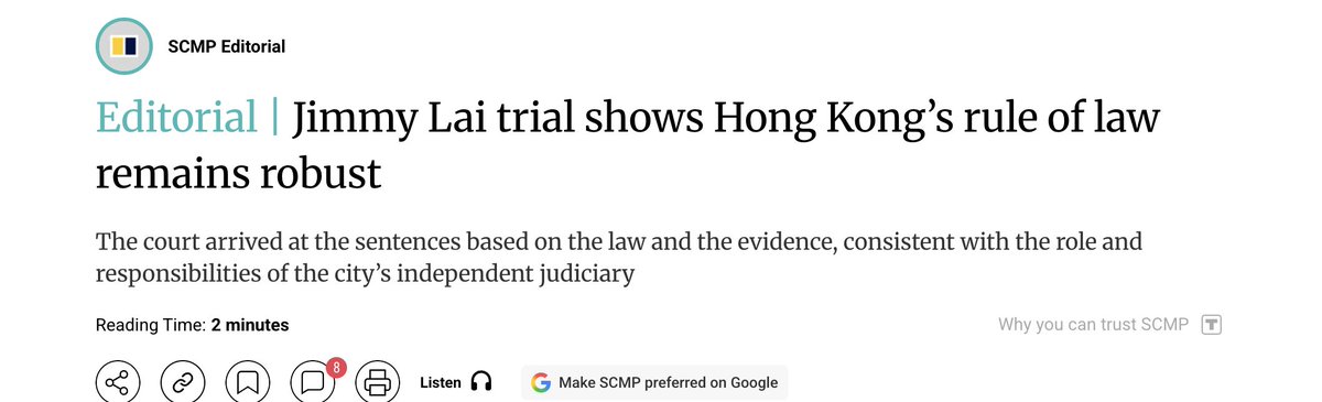 isaacstonefish's tweet photo. Appalling: the South China Morning Post, formerly the most respected newspaper in Hong Kong, thinks that the Jimmy Lai trial "shows Hong Kong's rule of law remains robust." https://t.co/UzGAgaid3l