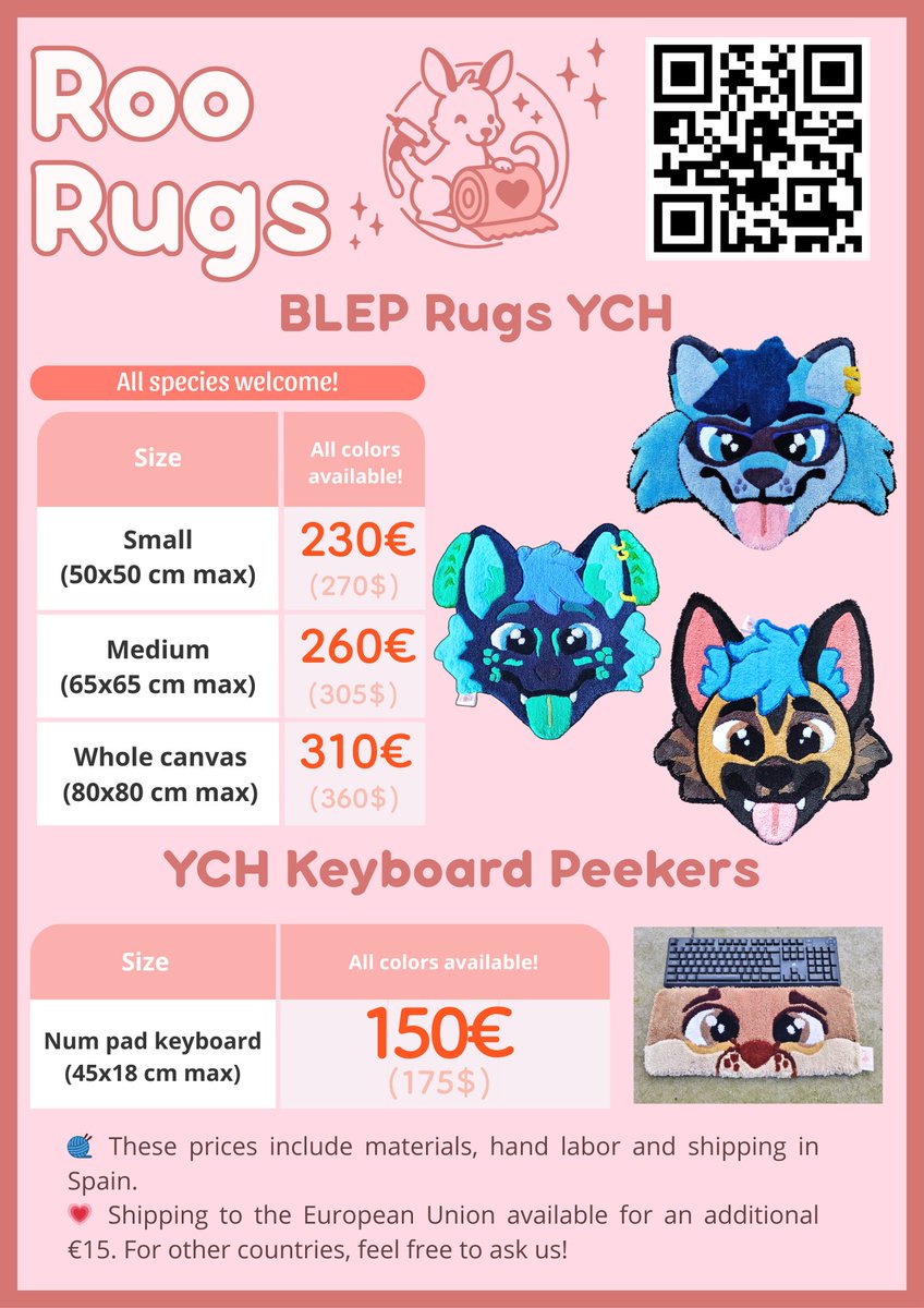 COMMS OPEN🥳🎊❤️
Turn your fursona into a hand made rug!
Big BLEP Rugs and YCH Furry Keyboard peeker Rugs!
Fast turnaround time 
4️⃣SLOTS OPEN!!
International shipping available 
✉️DM at <a href="/Roo_Rugs/">Roo Rugs by Heartglaze ❤️🦘</a> for info
Shares appreciated 👍
