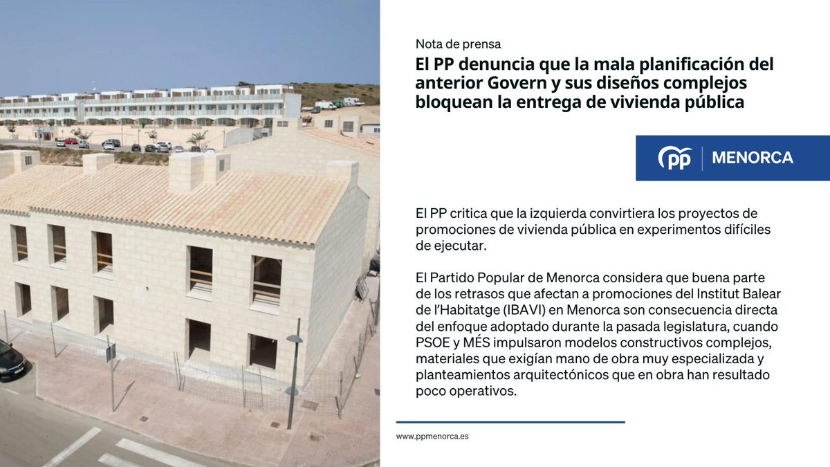 ppmenorca's tweet photo. El @ppmenorca denuncia que la mala planificación del anterior Govern y sus diseños complejos bloquean la entrega de vivienda pública.

🗣️Joan Mesquida: “El criterio actual del IBAVI se orienta hacia promociones más sencillas y funcionales”. 

📎https://t.co/qdrHjcBsM9 https://t.co/BBJu6iSONt