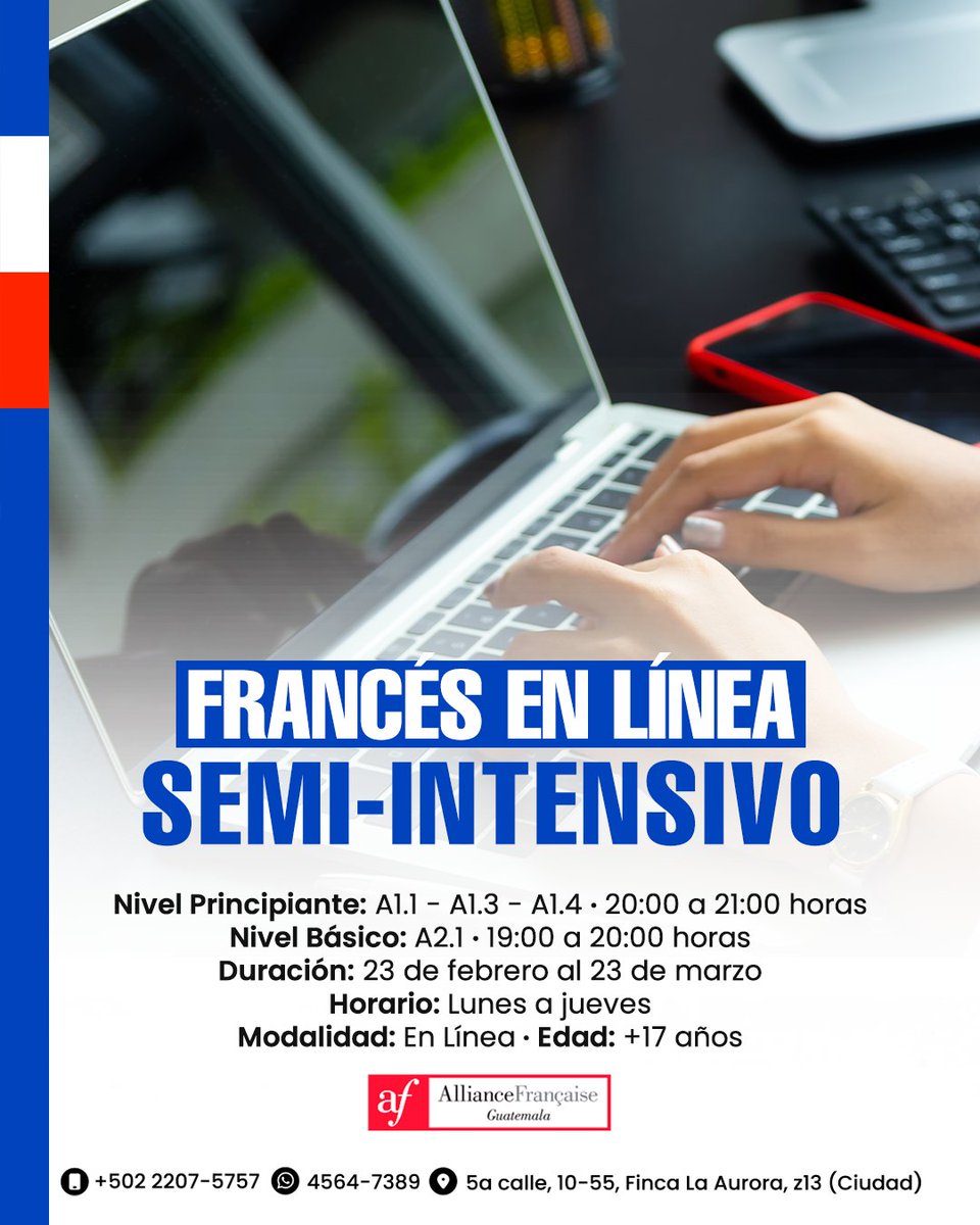 ¡Una hora al día, resultados en 5 semanas! 🇫🇷📝💯

Nuestro curso "Semi Intensivo" ofrece la oportunidad de descubrir el idioma francés sin descuidar tu agenda💻

✨Invierte una hora al día para transformar tu futuro.

💻 Principiante 
⏱️ Lunes a jueves | 20 a 21 horas