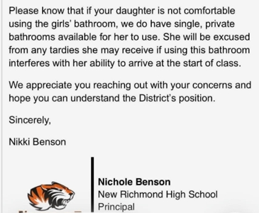 DanLennington's tweet image. At New Richmond High School, boys don't have to use the "single, private bathrooms" and miss the "start of class." Boys also aren't threatened with an invasion of privacy. Only girls are. Title IX guarantees equal treatment and equal access to an education.