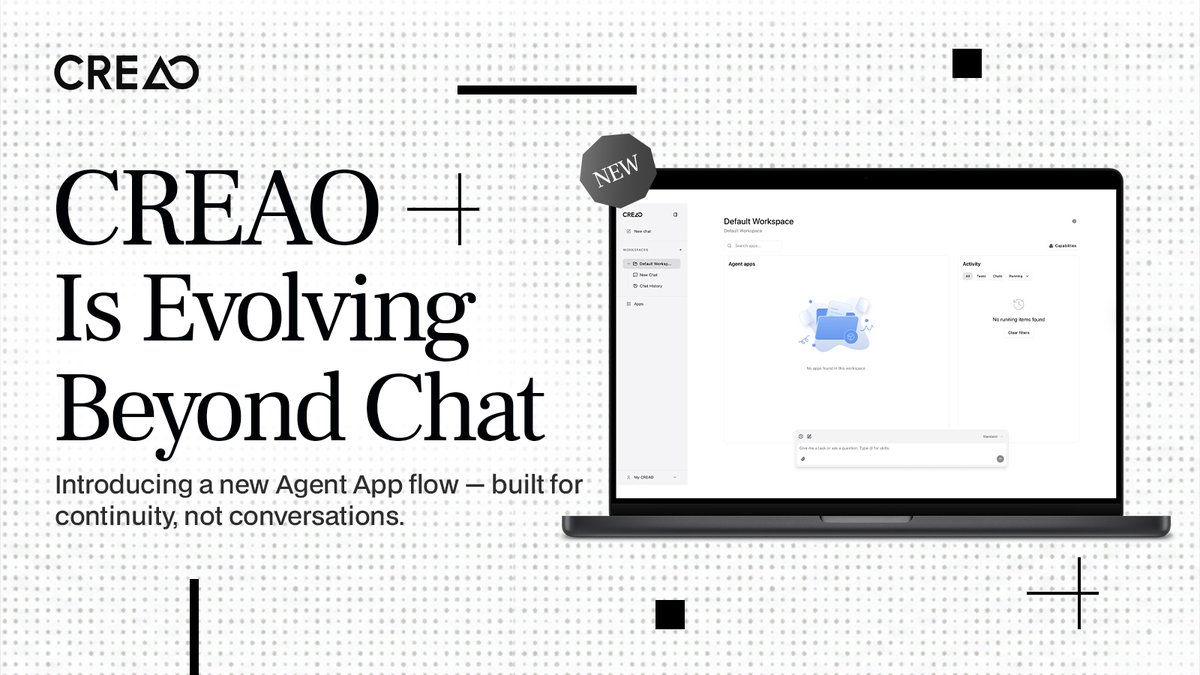 CREAO is evolving beyond chat.  
We’re introducing a new Agent App flow.   

Agents don’t stop when you close your laptop.  
What works once can now be saved, rerun, and extended over time.  
You now have control over which official skills are available in your workspace (custom