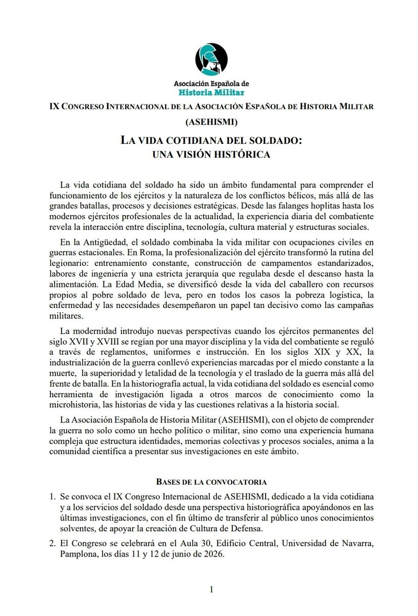 asehismi's tweet photo. En 2026 @asehismi celebra su IX congreso, que tendrá lugar en Pamplona los días 11 y 12 de junio y tratará sobre la vida cotidiana de los militares. El plazo para enviar propuestas de comunicación, que deben remitirse a congreso@asehismi.es, está abierto hasta el 1 de abril. https://t.co/XYFRnylpsT