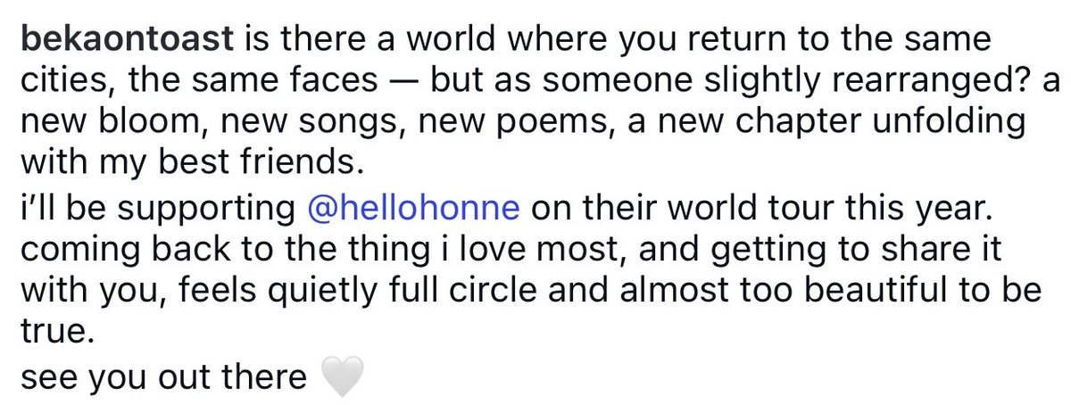 bekaontoast's tweet photo. is there a world where you return to the same cities, the same faces — but as someone slightly rearranged? new bloom, new songs, new poems, a new chapter with my best friends. i’ll be supporting @hellohonne on their world tour this year. see you out there 🤍 https://t.co/NtXliZc34T