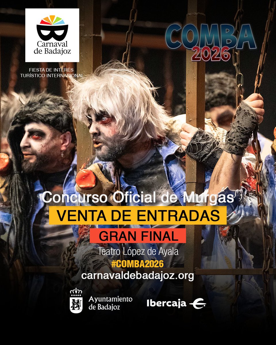 ℹ️ Información importante sobre la venta de entradas de la GRAN FINAL del #COMBA2026 del #carnavaldebadajoz 

🎟️ Mañana a partir de las 10 h.
🎭 Butaca de Patio 18€ / Butaca de Anfiteatro 15€
Máx. 2 entradas por persona y día

Más info en carnavaldebadajoz.org/2026/01/22/inf…