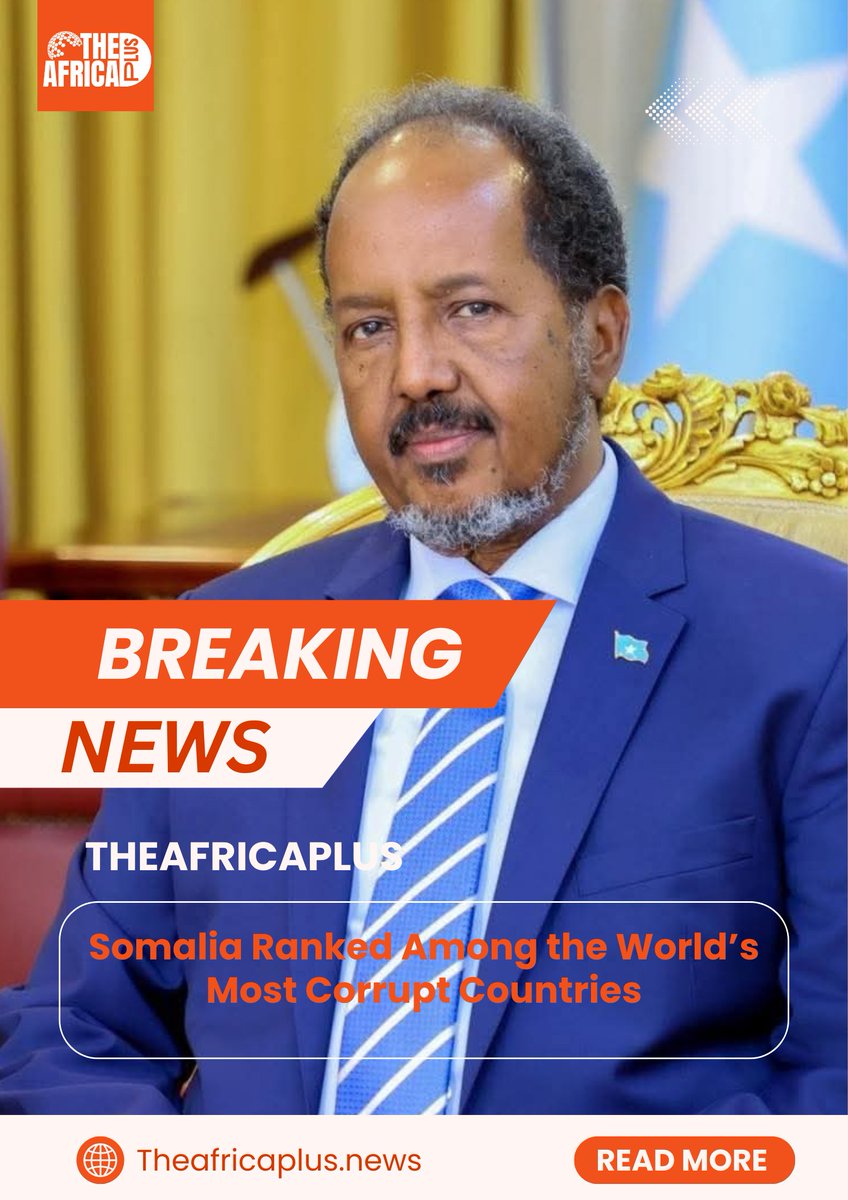 TheAfricaPlus's tweet photo. #BreakingNews| Somalia Ranked Among the World’s Most Corrupt Countries

Somalia has once again ranked among the world’s most corrupt countries, according to Transparency International’s 2025 Corruption Perceptions Index.

With a score of 9 out of 100 (0 = most corrupt, 100 = least corrupt), Somalia remains at the bottom of the global ranking for public-sector integrity.