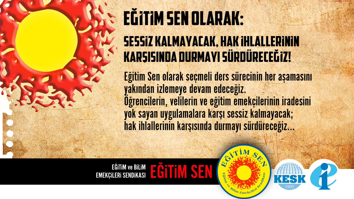 🔴Seçmeli dersleri seçmek idarenin değil, öğrencilerin hakkıdır!   

Eğitim Sen olarak; seçmeli ders sürecinin her aşamasını yakından izlemeye devam edeceğiz. Öğrencilerin, velilerin ve eğitim emekçilerinin iradesini yok sayan uygulamalara karşı sessiz kalmayacak; hak