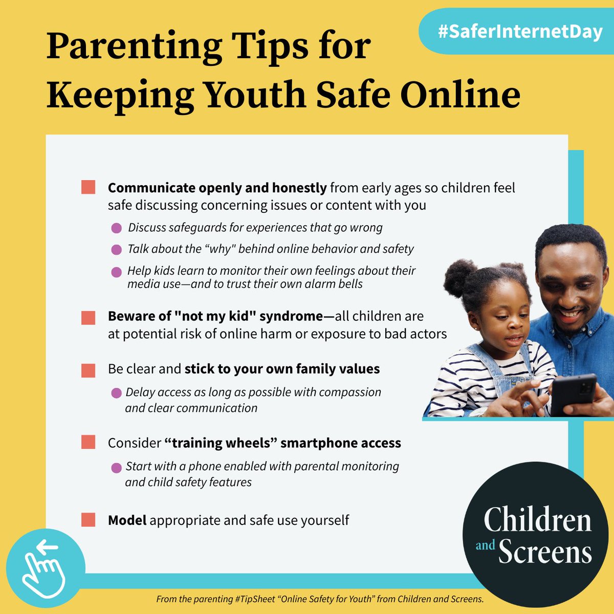 childrenscreens's tweet photo. This #SaferInternetDay, empower your parenting and equip your children to use tech with #OnlineSafety in mind - read the expert-backed, research-based #TipSheet “Online Safety for Youth.”

Read the #ParentingTips 🔗 https://t.co/bWi8YNGAHN

#SID #SID2026 https://t.co/9BtU0Ipnql
