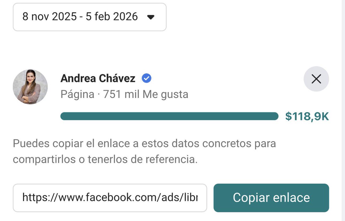 ¿Cómo ven? Andrea Chávez ya le metió más de 100 mil pesos a anuncios de META para promocionar su imagen. 

A esta señora se le va a caer el teatro, tarde o temprano. Más vale temprano que tarde.