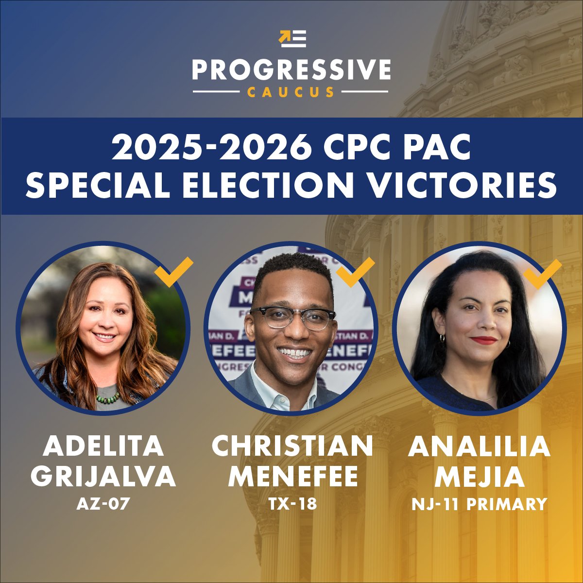 electprogress's tweet photo. Voters across this country are electing candidates that put working families first &amp; are willing to take on the status quo. Congratulations to the winners of all three special primary elections the CPC PAC invested in this cycle: @AdelitaForAZ, @CDMenefee &amp; @AnaliliaForNJ! https://t.co/dwPfPEDTuy
