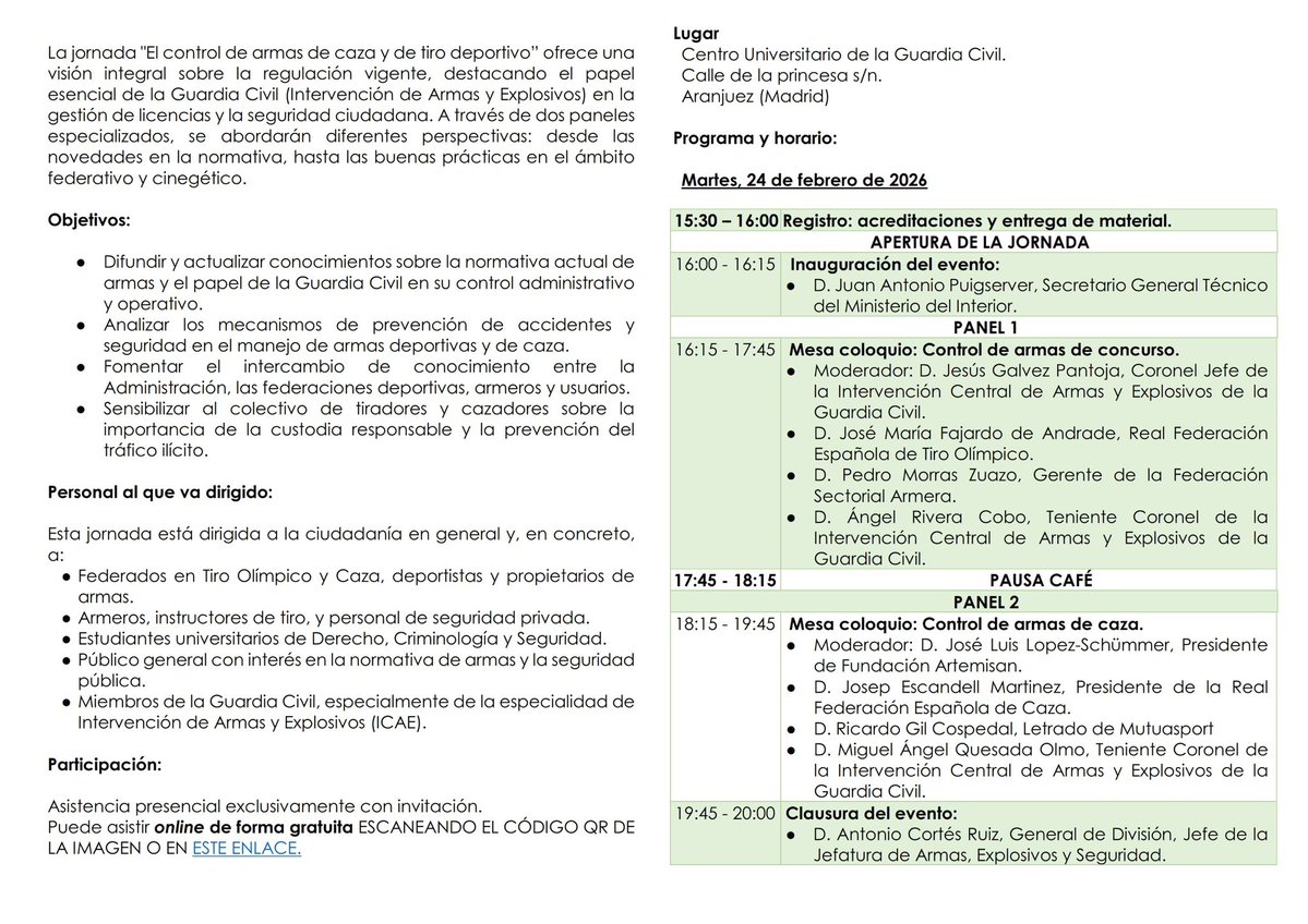 📅 Jornada formativa | <a href="/guardiacivil/">Guardia Civil</a> – RFEC

El próximo 24 de febrero, de 16:00 a 20:00 h, se celebrará en el Centro Universitario de la Guardia Civil (Aranjuez, Madrid) la jornada
👉 “El control de las armas de caza y de tiro deportivo”, organizada por la Guardia Civil, con la