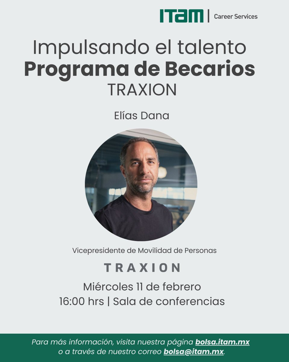 ITAM_mx's tweet image. #CareerServices | Conecta tu talento con el futuro de la movilidad y logística 🚛

La Traxión, en conjunto con la Oficina de Career Services del ITAM, te invita a su Sesión de Reclutamiento Presencial, una oportunidad para conocer de primera mano sus áreas de desarrollo