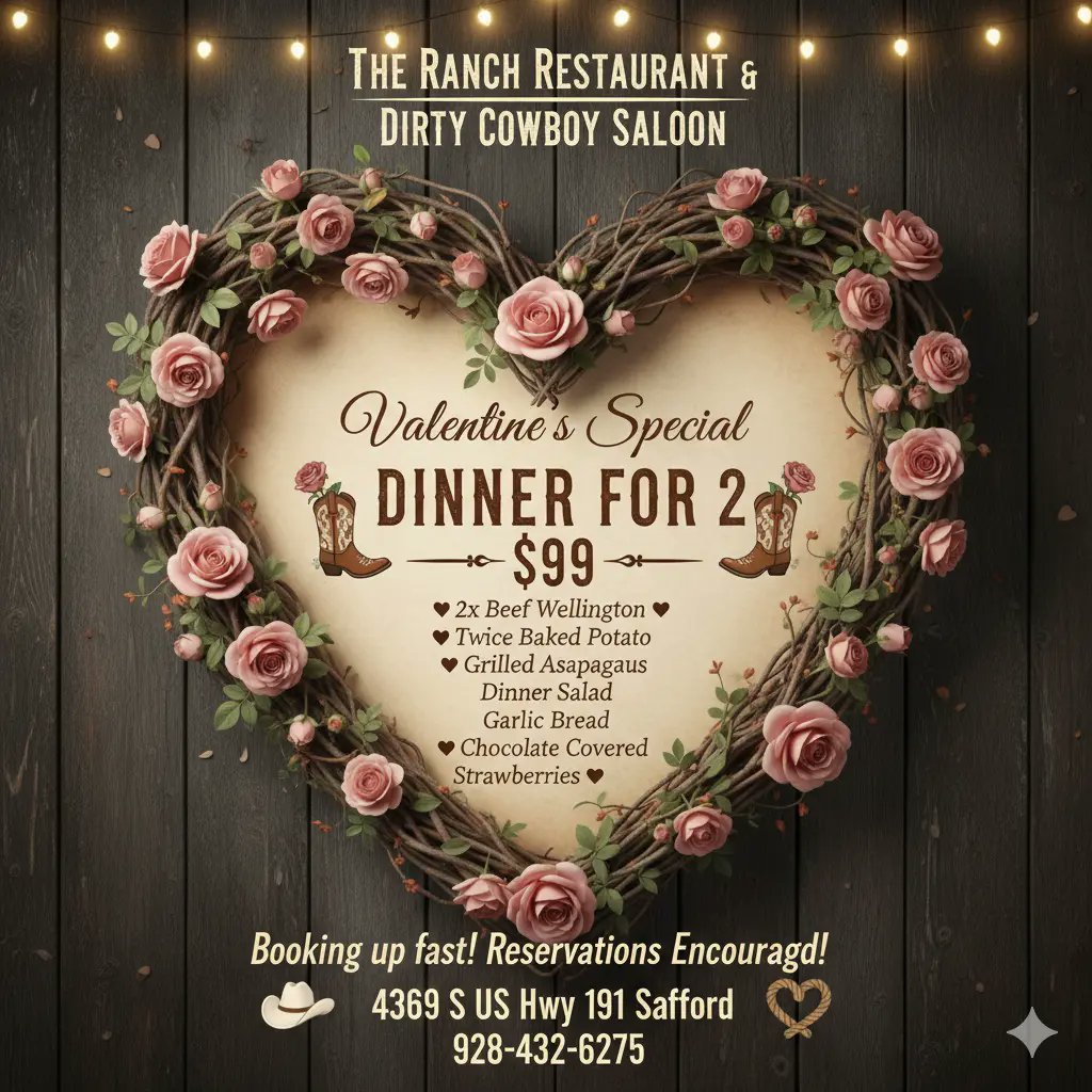 theranchdcs's tweet image. #grahamcounty #saffordarizona #dirtycowboysaloon #smallbuisnesslove #karaoke #linedancing #theranch #theranchrestaurant #campingfamily #ribs #burgers #eats #ValentinesDay #greatfoodanddrinks #beefwellington #awsomefood #love