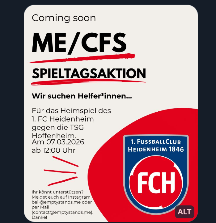 Farbtastisch's tweet image. Emptystands sucht noch Personal für Aktion bei Bundesligisten! 

#mecfs #longcovid #postvac 

Originalpost auf Bluesky:

bsky.app/profile/emptys…