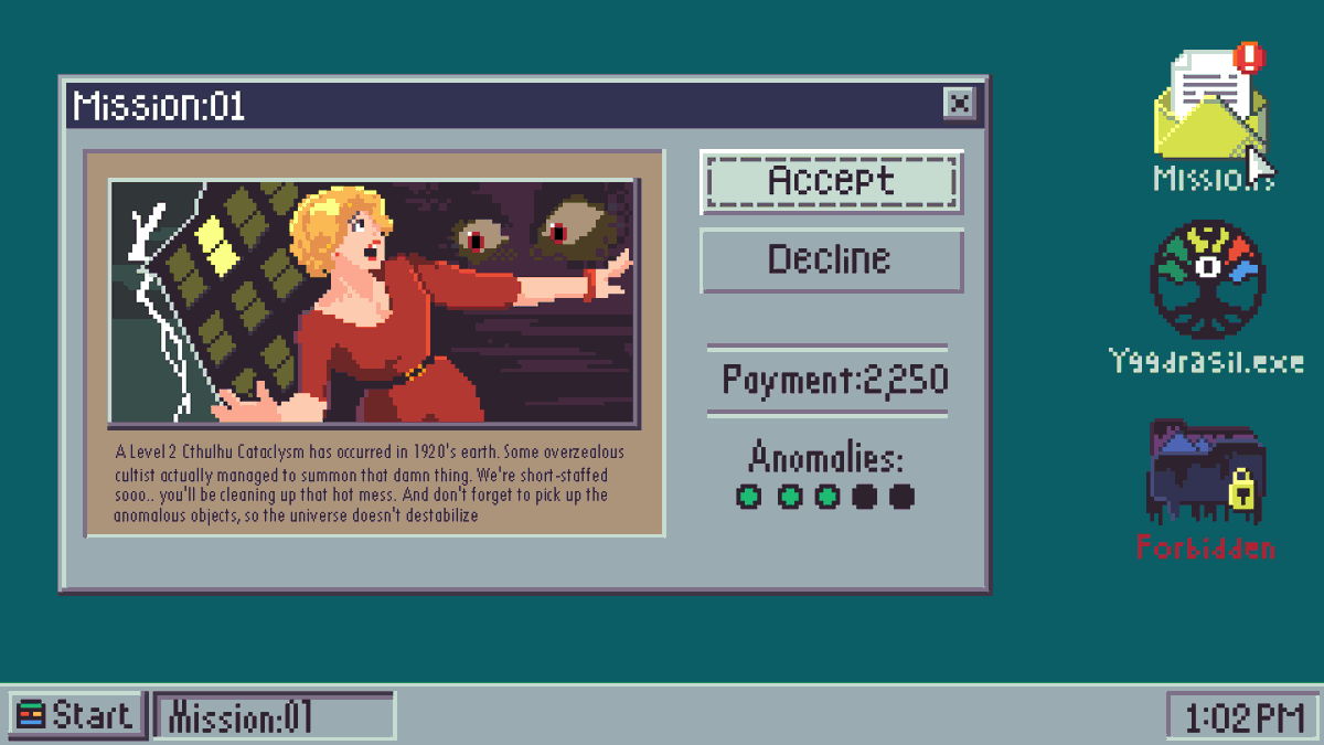 paint_the_void's tweet photo. Here's an early prototype of our Mission Select UI in #PaintTheVoid! 

We are playing with different "old-school" OS systems for the player receiving their job opportunities. What do you think? Would you accept the job?  #pixelart #indiedev #UIUX https://t.co/Fk7J6HHHfa