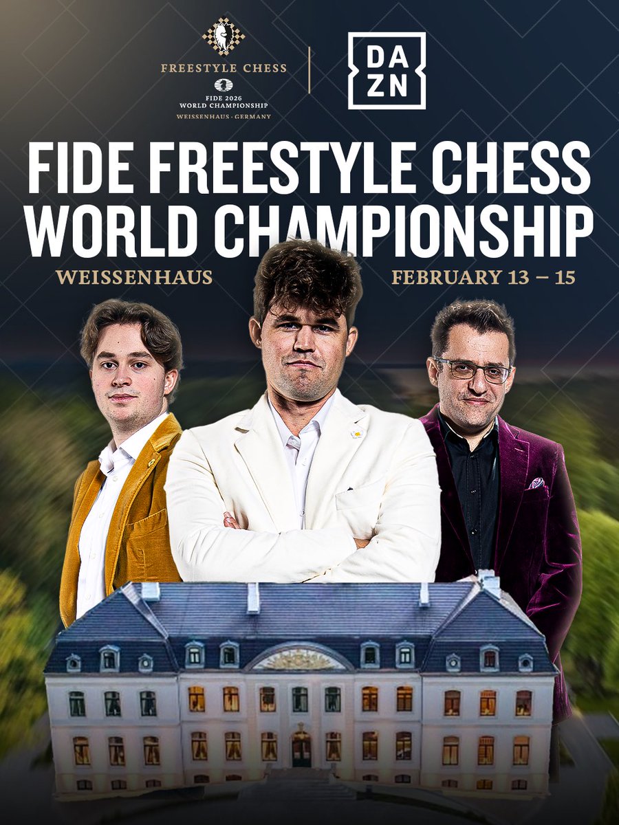 DAZN's tweet photo. ♟ The first official FIDE Freestyle Chess World Championship takes place in Weissenhaus, Germany, from February 13-15, 2026!

Watch all the action LIVE on https://t.co/2p9YPKh0hM 

@chess_freestyle | @FIDE_chess | #FreestyleChess | #FIDEFreestyleChess https://t.co/boJQY05fnx