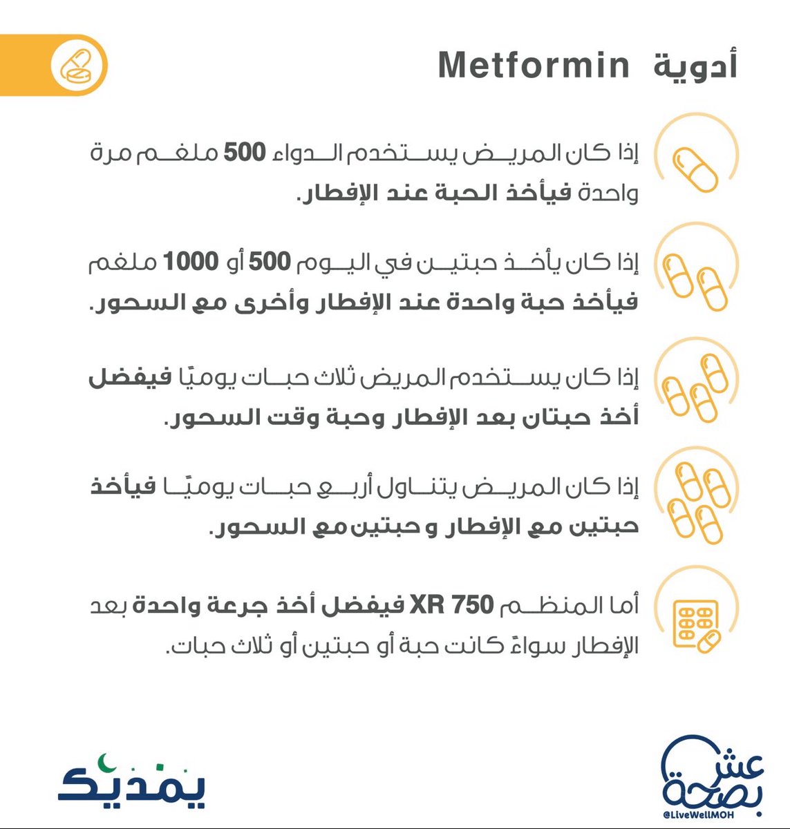 لمن يستخدم #جلوكوفاج… كيف تأخذه في #رمضان؟ 🌙 💫
يعتمد على حسب نوعه 👇

📌 جلوكوفاج العادي (Metformin)💊
⚡ مفعوله سريع 
📝 يُؤخذ حسب الجرعة الموصوفة ..مقسمة بعد الإفطار و بعد السحور✔️
……….
📌 جلوكوفاج إكس آر (Metformin XR)💊
⏳ مفعوله ممتد ويستمر طوال اليوم
🕒 يُؤخذ مرة