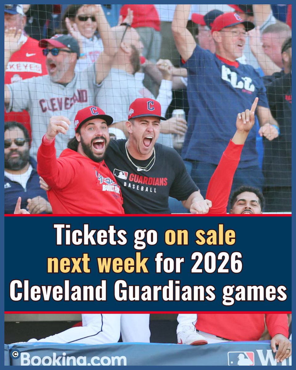 Mark your calendars, Cleveland! Tickets go on sale next week for 2026 Cleveland Guardians games, with bobbleheads, jersey giveaways, &amp; more also announced on the team’s promotional calendar: l.cleveland.com/3wnhox 

Picture: John Kuntz, cleveland.com