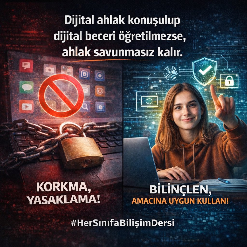 Çocuğa “sakın girme” demek güvenlik değil, çaresizliktir.
Nasıl kullanacağını öğretmek bilişim eğitimidir.
Güvenli internet için yasak değil, bilgi gerekir.
#GüvenliİnternetGünü 
#HerSınıfaBilişimDersi #Maarif #GIG2026 #SID2026