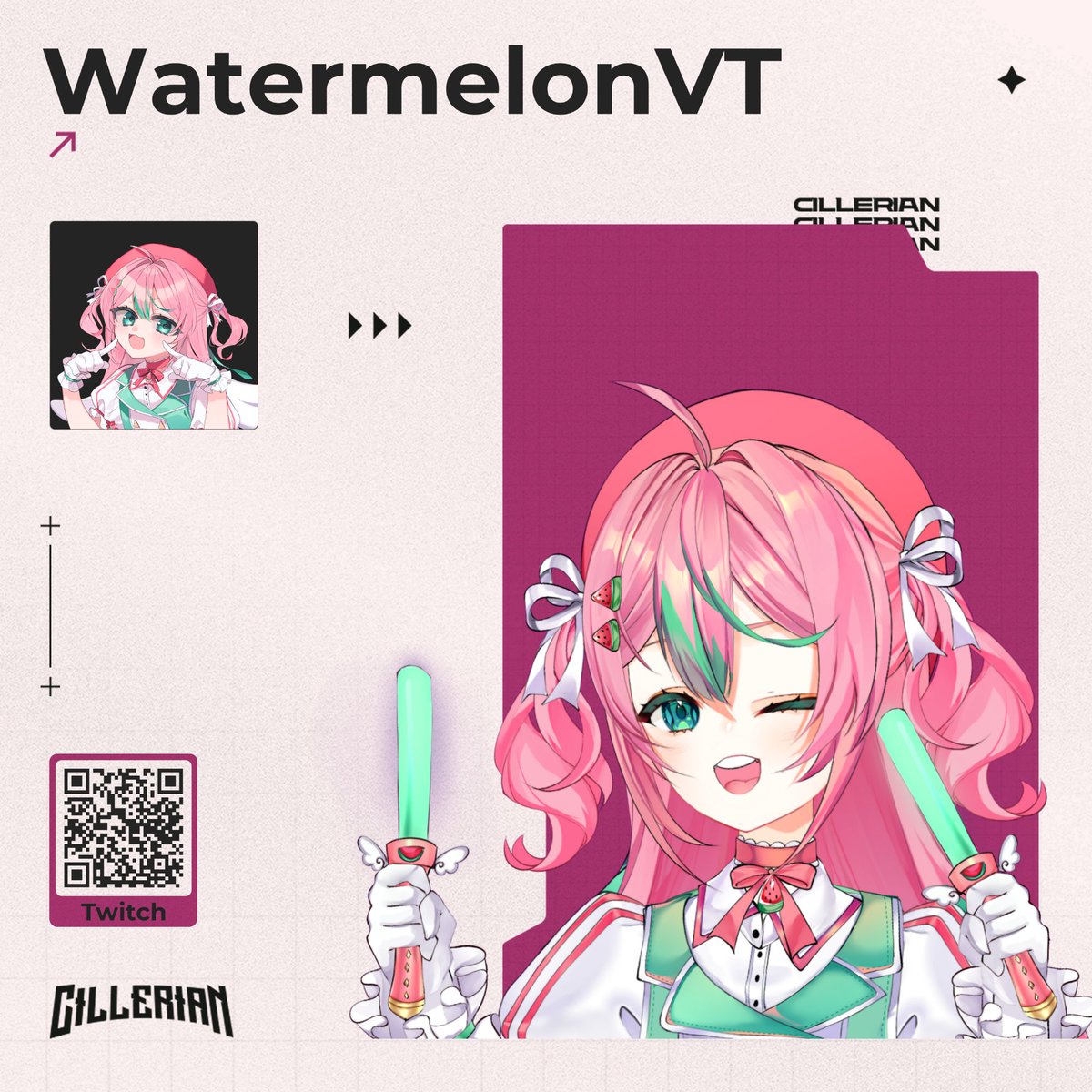 TeamCillerian's tweet photo. INTRODUCING: WatermelonVT ✨ 

"Hi, I am WatermelonVT. Most people call me Wawa or Melon. I mainly #stream #games like Valorant and Osu on Twitch. Focusing on keeping a good mental, I try to keep up a #comfy environment with a pinch of #memes. I am excited to meet you all!" https://t.co/wN2VTEeonZ