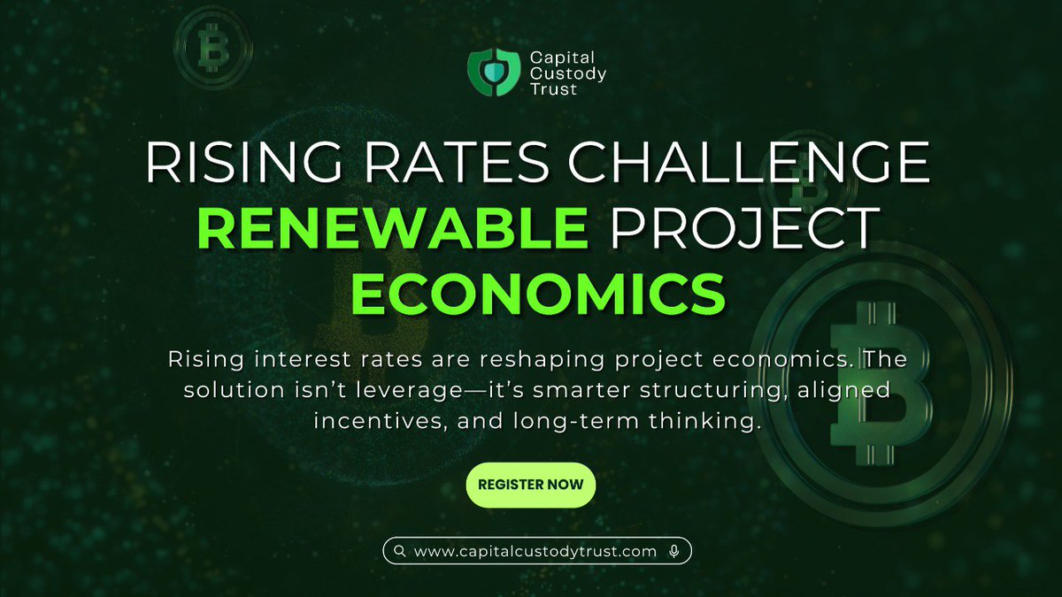 CapitalCustody's tweet photo. Rising interest rates are rewriting the rules of renewable project economics 📈🌱
The answer isn’t higher leverage — it’s smarter structuring, disciplined risk allocation, and long-term thinking.
#renewablefinance #projecteconomics #sustainableinvesting #smartstructuring https://t.co/Ml7vWtFm7e