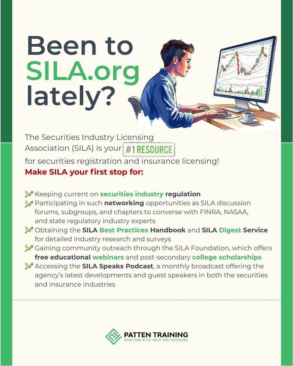 PattenCompanies's tweet image. Don’t miss everything the Securities Industry Licensing Association (SILA) has to offer!

Log on for free resources or to become a member.

If you need insurance CE registration or securities compliance and CE assistance, reach out to Patten Training experts.

#SILA #Patten