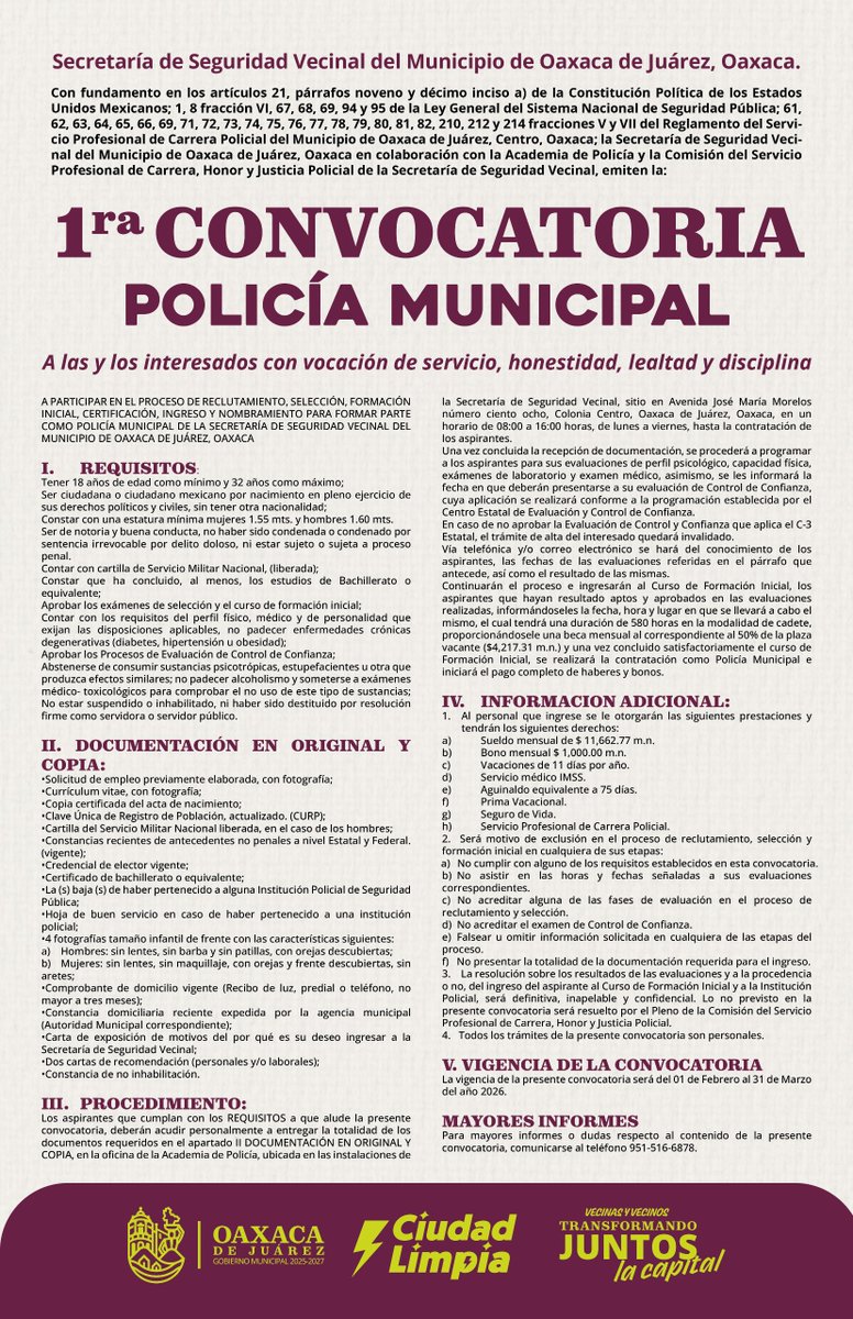 MunicipioSeguro's tweet image. La Secretaría de Seguridad Vecinal del Municipio de Oaxaca de Juárez, convoca a mujeres y hombres que cuenten con vocación de servicio, honestidad, lealtad y disciplina, a participar en el proceso de reclutamiento para la Policía Municipal.

#TransformandoJuntosLaCapital