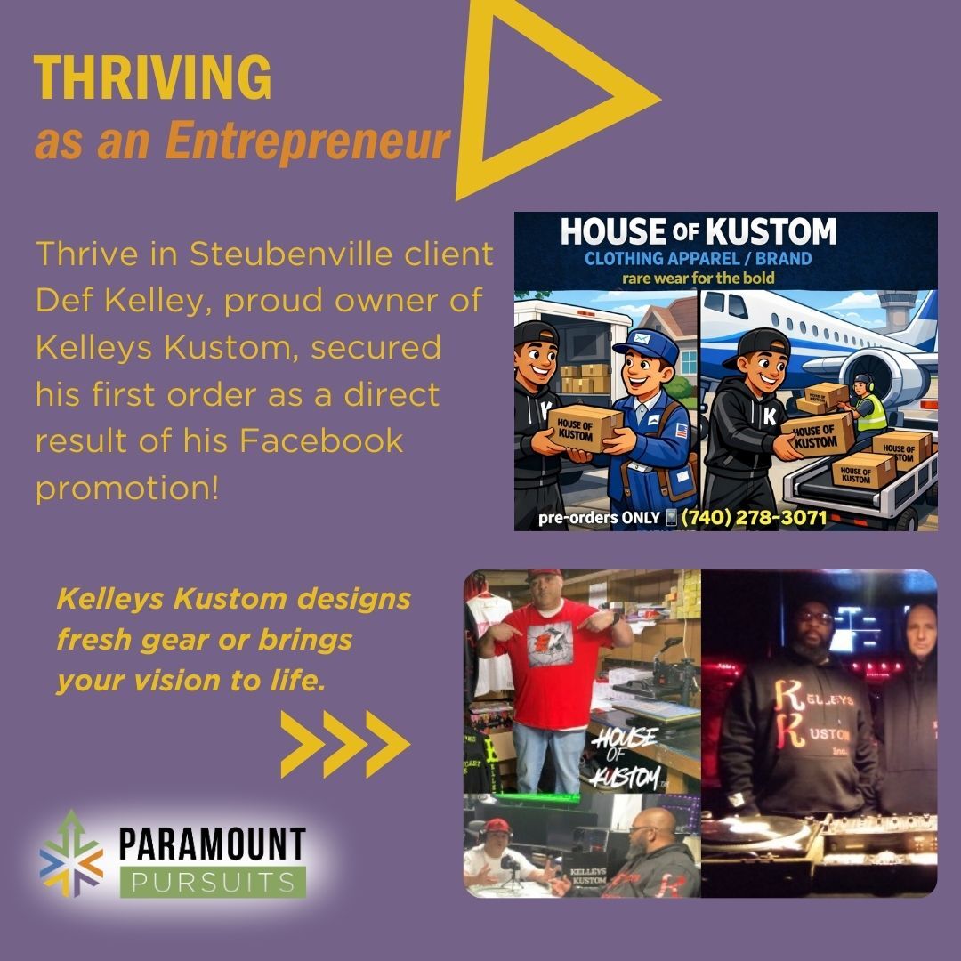 Thriving as an Entrepreneur 🎉
We love celebrating wins—especially when they come from taking action.
Thrive in Steubenville client Def Kelley, proud owner of Kelleys Kustom, just secured his first order as a direct result of a Facebook promotion!