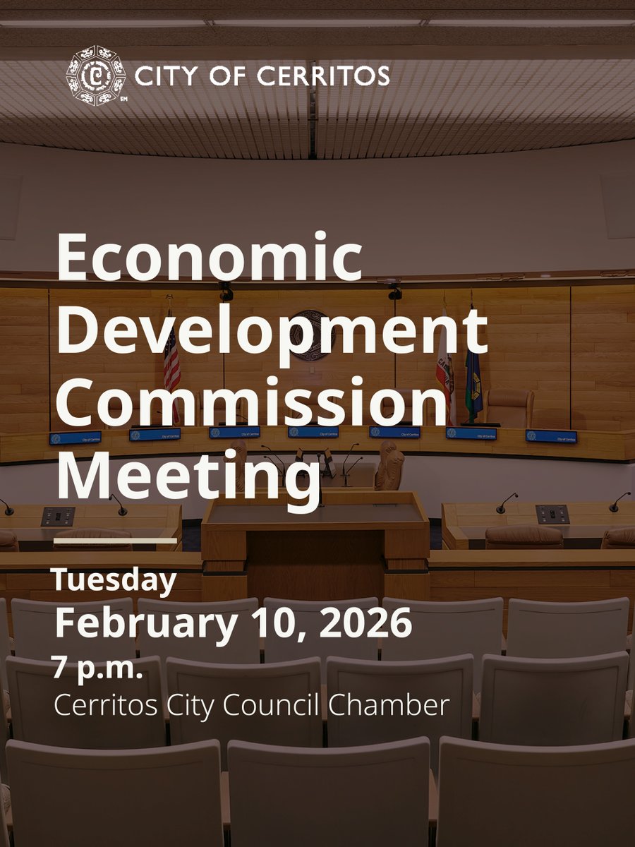 Join the City of Cerritos at the Economic Development Commission Meeting tonight at 7 p.m. in the Cerritos City Council Chamber.

Read the Agenda here: cerritos.granicus.com/GeneratedAgend…

Watch live on the City's YouTube channel at youtube.com/CityofCerritos.