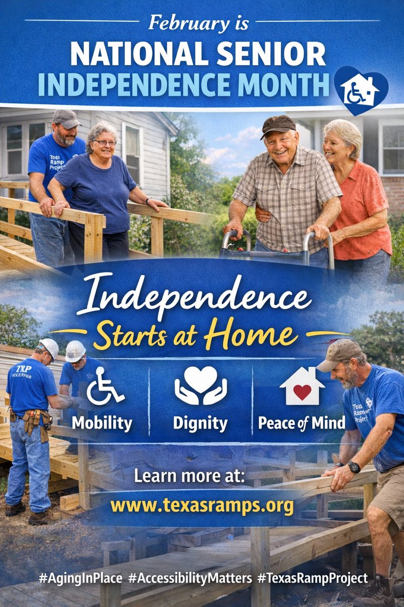 mark_denzin's tweet photo. February is National Senior Independence Month 💙

At the Texas Ramp Project (TRP), independence starts at home. Every ramp we build helps a senior safely enter and exit their home—restoring dignity, mobility, and peace of mind for families across Texas. https://t.co/PeKK2ifYTl