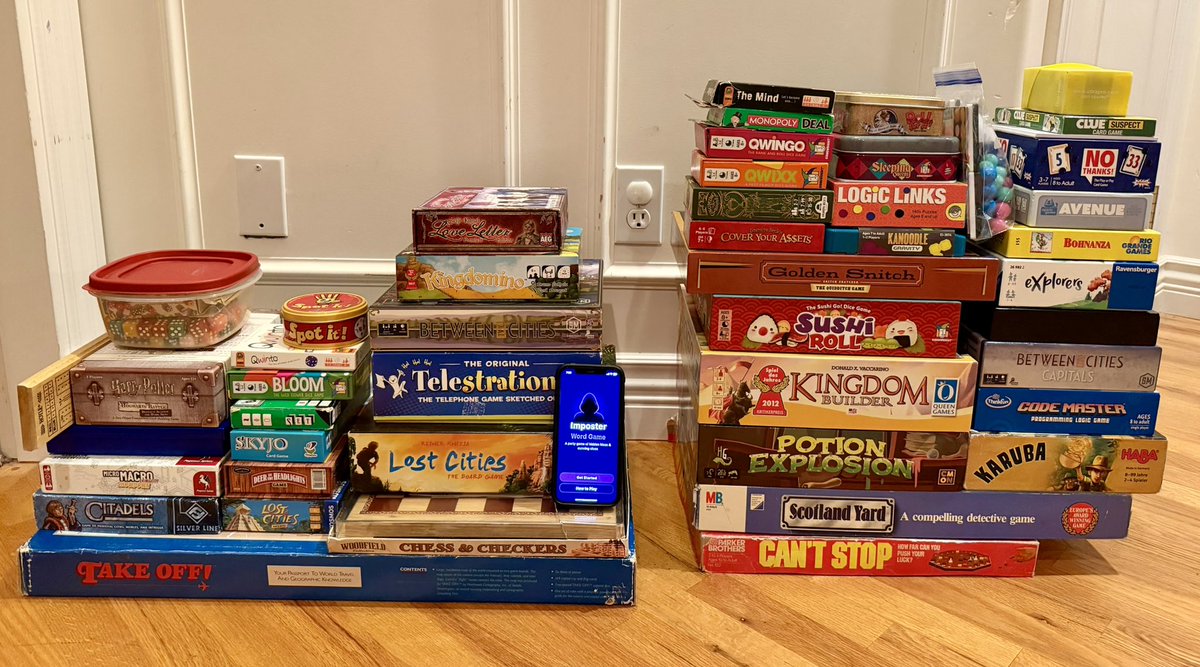 aktheodore's tweet photo. Forgot to do my usual post for my family’s annual Thanksgiving getaway!  Played the games on the left, didn’t play those on the right.  We really shun electronics on this weekend but made an exception this year for the app Imposter … it got a lot of plays and laughter! https://t.co/ZZazkWkygb