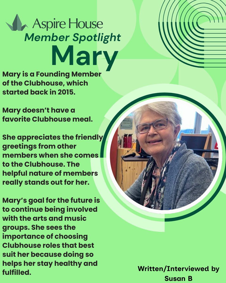 AspireClubhouse's tweet photo. This week we want to showcase one of our founding members, Mary! Although she has a quiet demeanor, her friendly and sweet disposition stands out amongst our community. She's adored by us all! https://t.co/M1p3uI4StC