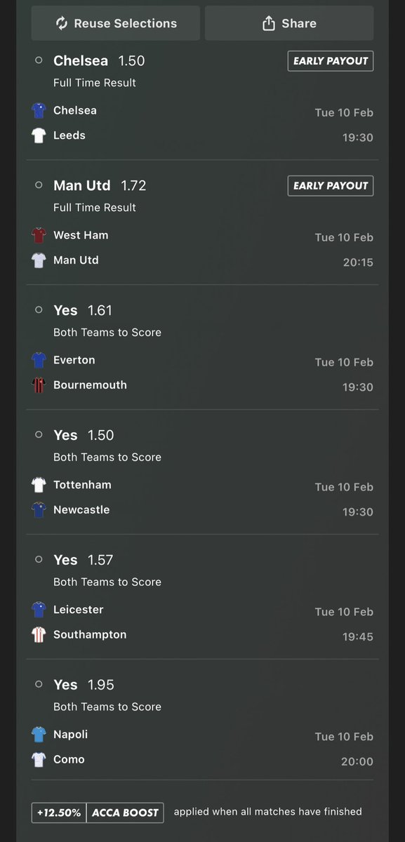 saveyourps's tweet photo. TUESDAY FOOTBALL ACCA (6 FOLD)🧾

19.77/1 📈

£20 RETURNS £440💷

LIKE/SHARE &amp; FOLLOW ME LETS GET THESE P’s❤️ https://t.co/CDEWVMYkxU