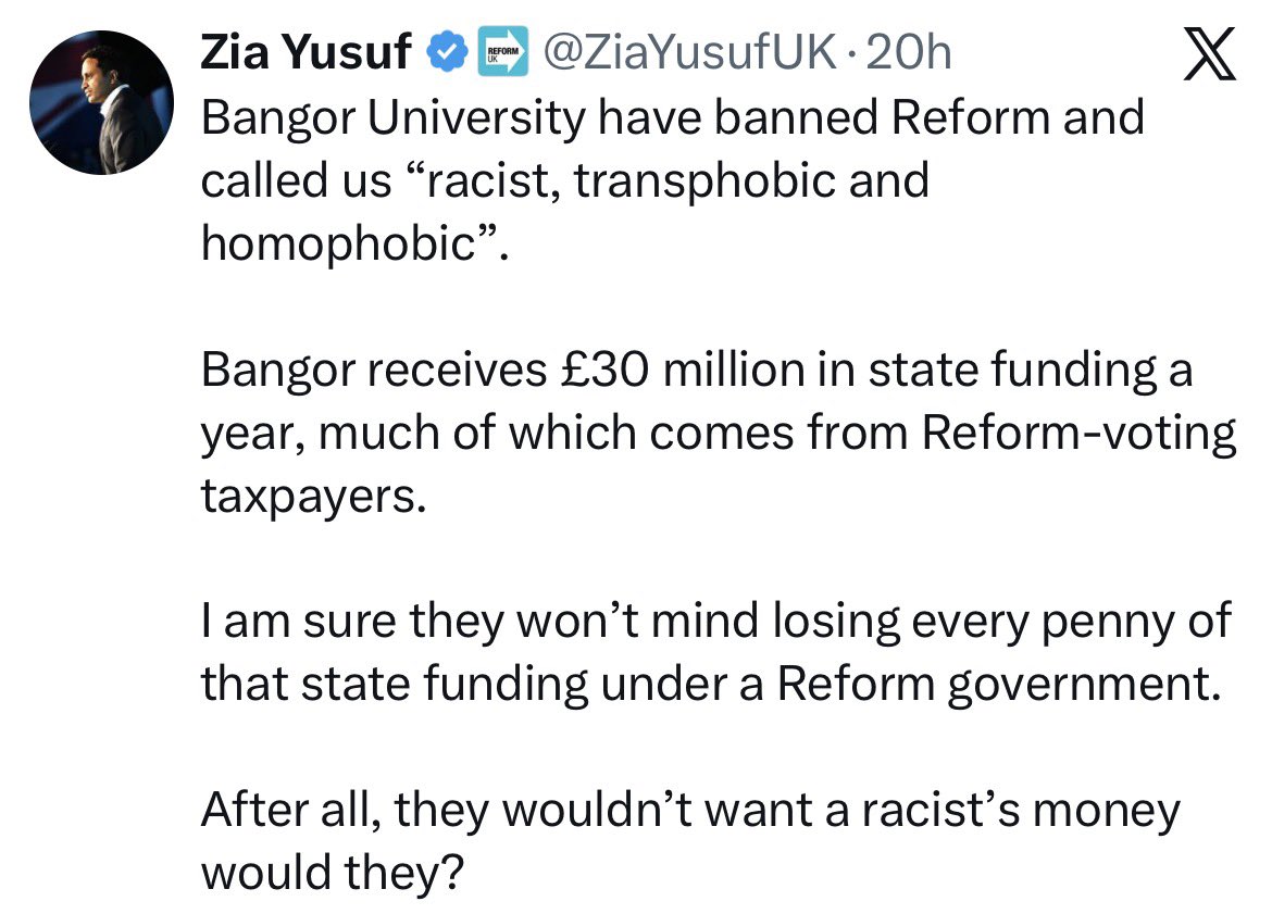 Today, their unelected "Head of Policy" has threatened to strip a university of its funding if they get imto government.

Telling how tax payers' money and Reform money is the same thing in his mind