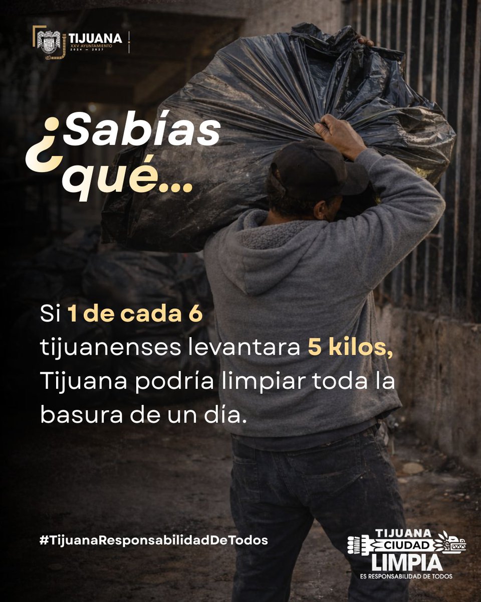 Si 1 de cada 6 tijuanenses levantara solo 5 kilos de basura, Tijuana podría limpiar toda la basura que se genera en un día.
Pequeñas acciones colectivas generan grandes cambios.
#TijuanaResponsabilidadDeTodos
