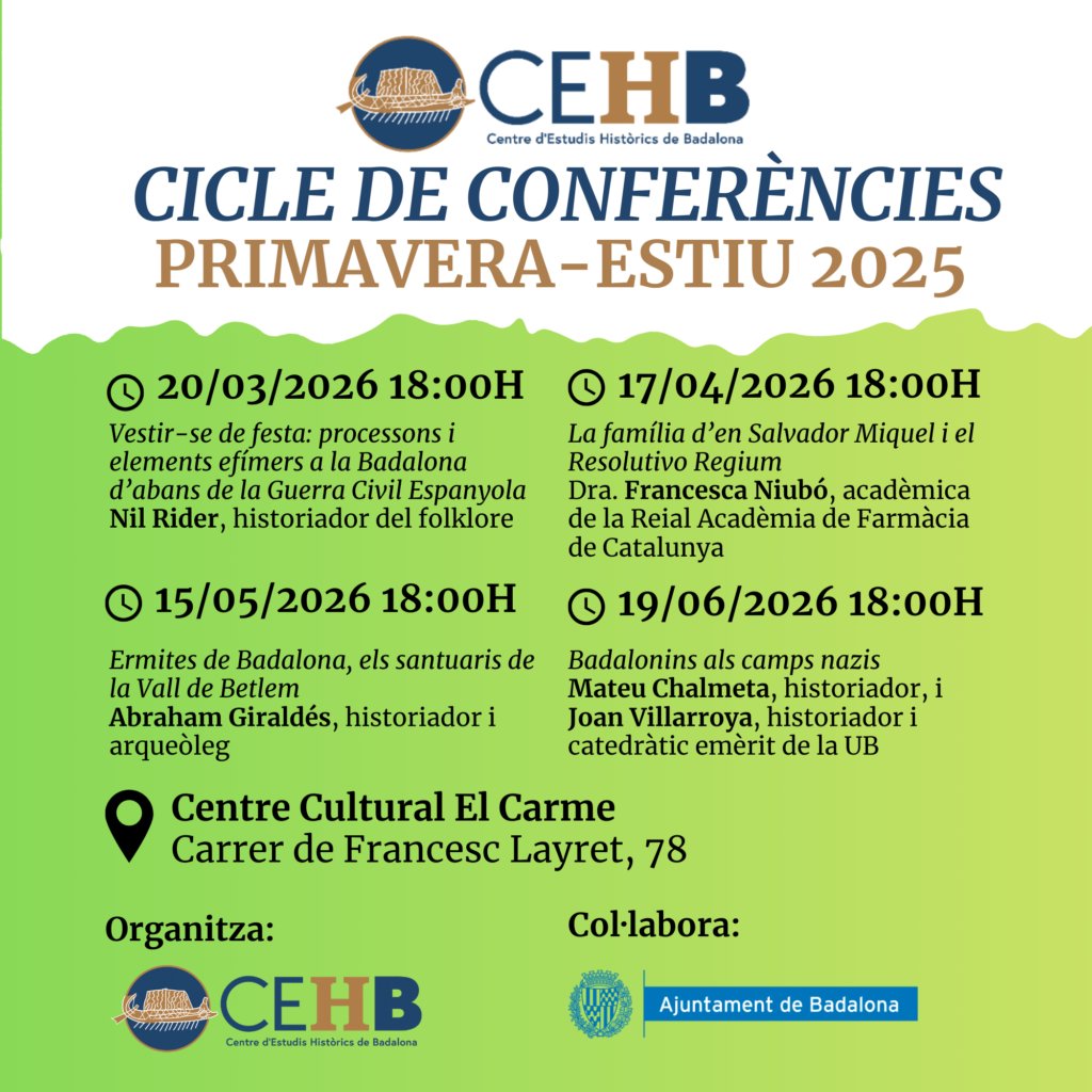 Novetats! A partir de març tornen les conferències del CEHB, amb noves temàtiques i, com sempre, voluntat de difondre la història local entre la ciutadania. Les sessions tindran lloc al Centre Cultural El Carme entre març i juny de 2026. Reserveu-vos les dates! #Badalona