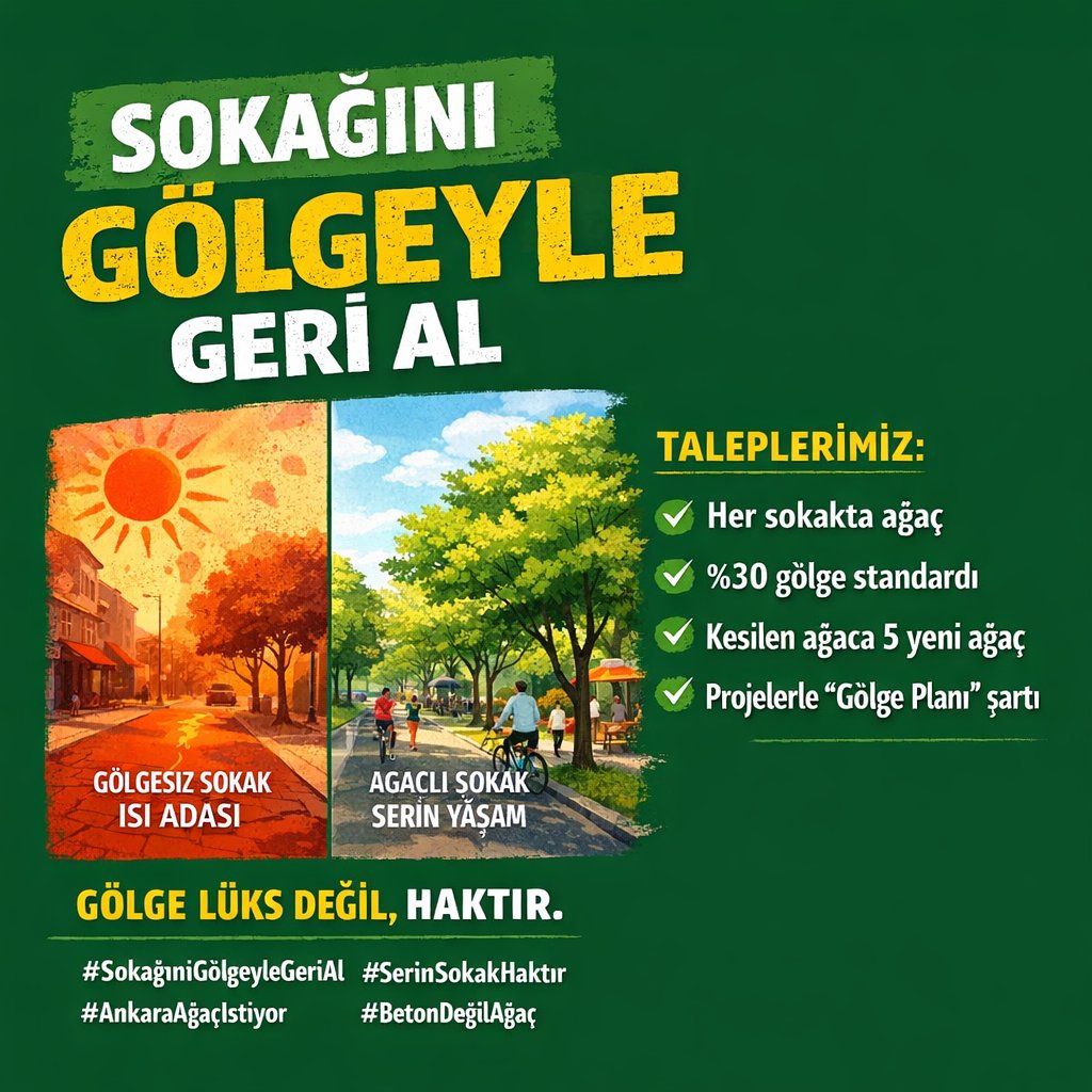 🌳 SOKAĞINI GÖLGEYLE GERİ AL
Ağaçlı Sokak = Sağlıklı Mahalle
Neden Bu Kampanya?
Bugün mahallemizde birçok sokak:
☀️ Yazın aşırı ısınıyor
🚶‍♀️ Yürümek zorlaşıyor
👵 Yaşlılar ve çocuklar sokağı kullanamıyor
🏠 Evler daha fazla klima ihtiyacı duyuyor
Oysa ağaçlı sokaklar:
🌿 3–5°C