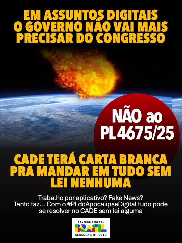 henriolliveira_'s tweet photo. 🚨URGENTE #PL4675Não

O governo quer votar HOJE um PL das FAKE NEWS disfarçado!

O PL 4675/25 dará ao CADE (órgão vinculado ao governo LULA) o poder de controlar TUDO o que você vê (e não vê) na Internet!

Imagine o governo controlando AINDA MAIS a Internet?!

PL4675 NÃO! https://t.co/jhJC3VDYZm