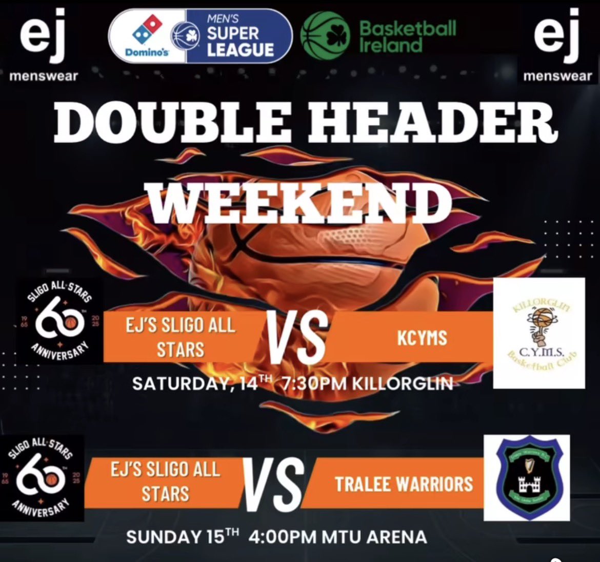 🚨Superleague Kerry Double Header🚨

🏀 GAME 1 AWAY: @KillorglinBball
🗓 Saturday 14th @ 7.15pm

🏀 GAME 2 AWAY: @Warriors_BC
🗓Sunday 15th @ 4pm

📺 Watch Live on BasketballIreland.tv
📲 LIVE Stats on <a href="/SwishAllHoops/">Swish All Hoops</a>

📻@Oceanfmsport | 🍕#DMSL
🤵‍♂️@Ejmenswear |🐶<a href="/Buy4PetsOnline/">Buy4PetsOnline</a>