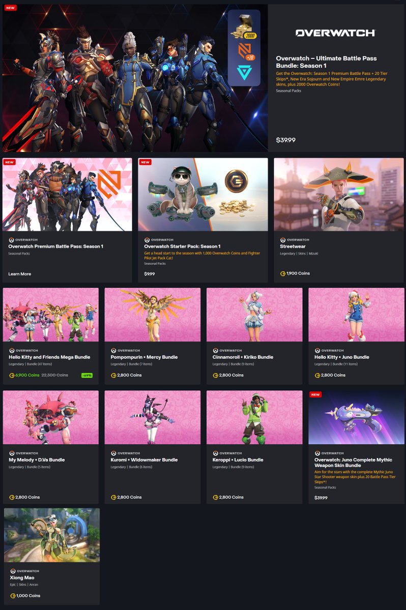Overwatch Season 1 All New Shop Items and Hello Kitty Collaboration Skins 💖

🎀Hello Kitty and Friends Mega Bundle - 6900

Available now in the #Overwatch Shop