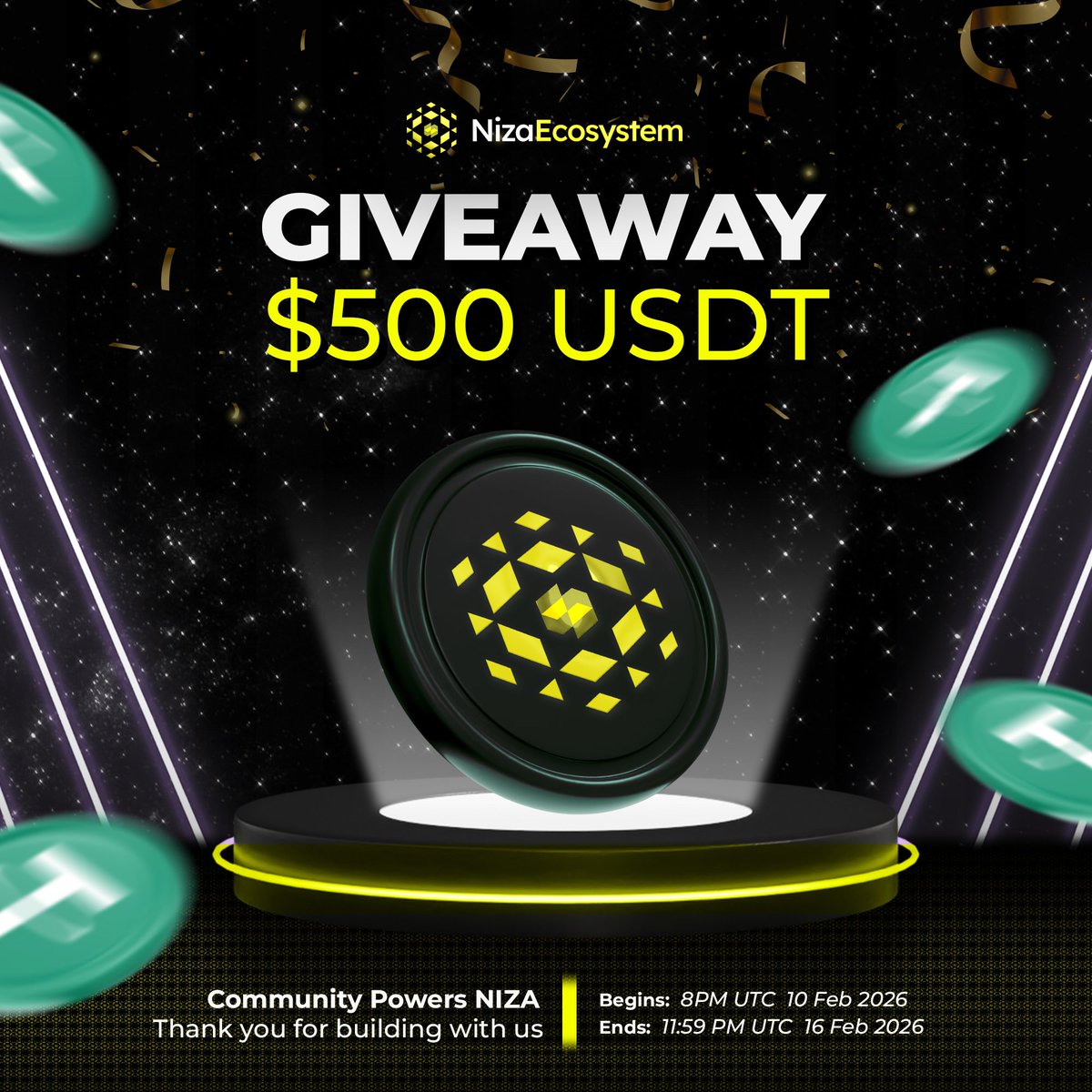 🎁 Community Powers NIZA — $500 USDT GIVEAWAY 🎁

Our community is the heart of NIZA.
This is our way of saying thank you 💛

How to participate:
1️⃣ Follow us on X
2️⃣ Like &amp; RT 5 of our recent posts
3️⃣ Comment something positive about NIZA on one of our posts + your EVM address