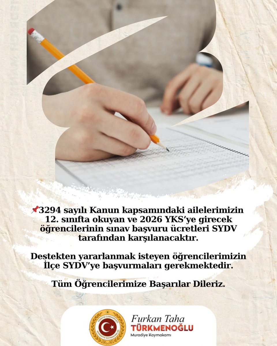 📌Sevgili YKS öğrencileri, başarıya ulaşan yolda başvuru ücretleriniz bizden.

3294 sayılı kanun kapsamında başvuru şartlarını sağlayan gençlerimizin YKS başvuru ücretlerini karşılıyoruz. 

Detaylı bilgi ve başvuru için SYD Vakfına başvurabilirsiniz.
<a href="/FTTurkmenoglu/">Furkan Taha TÜRKMENOĞLU</a>