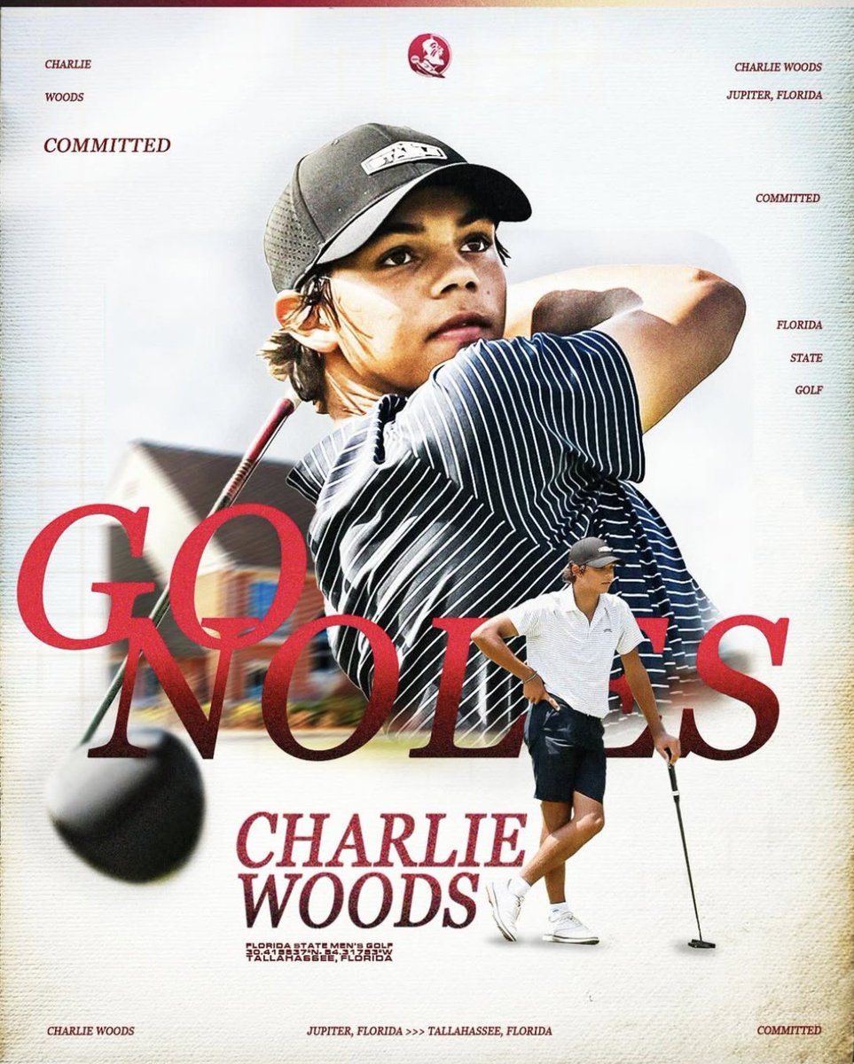 FSViewSports's tweet photo. BREAKING: 

Son of PGA Tour legend Tiger Woods, Charlie Woods, has announced he has committed to playing golf at Florida State University via his Instagram. Woods is one of the top recruits in the Class of 2027 and will be playing his college golf in Tallahassee.

 #Noles #FSUGolf
