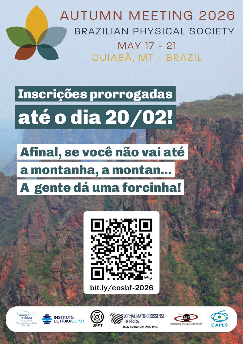 As  inscrições ao Encontro de Outono da SBF (EOSBF) podem ser feitas até o dia 20 deste mês. Se você estava com a consciência pesada por ter perdido o prazo inicial , recomponha-se e corra para fazer sua inscrição.
Acesse: bit.ly/eosbf-2026
#sbfísica #eosbf2026 #eosbf #UFMT