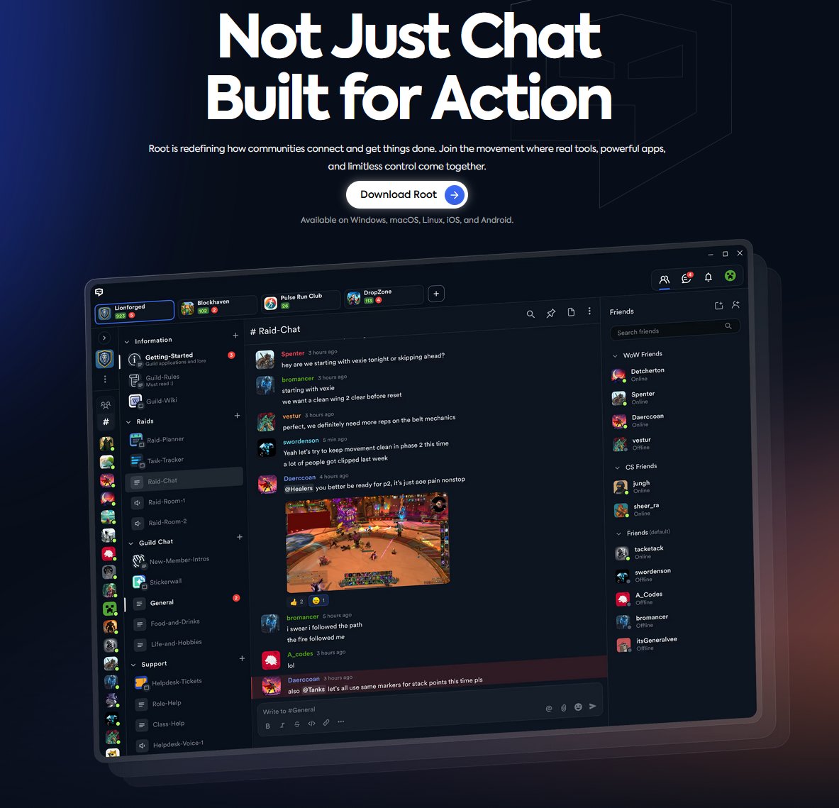 هذا هو بديل ديسكورد الجديد اسمه Root 
ما ابالغ لو قلت ان هذا اخف بديل للديسكورد على الاطلاق، خفيف بشكل عجيب استهلاكه لا يتعدى 0% !!

تصميمه بسيط وقريب من الديسكورد، ايضاً فيه فكرة tabs نفس المتصفح هالشي غريب و بنفس الوقت اضافة رائعة، فيه ميزات كثيرة اساسية مشابهة للديسكورد، ويدعم