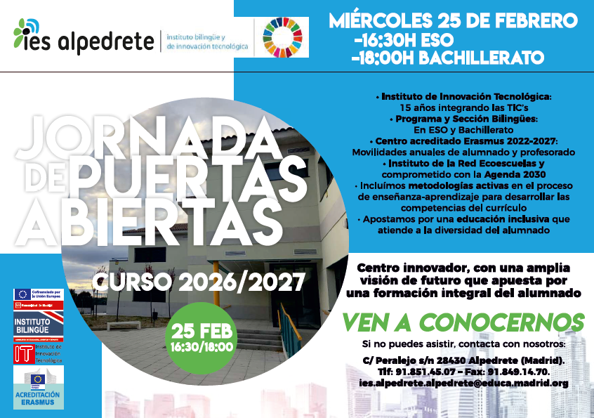 El miércoles 25 de febrero de 2026 tendrá lugar la Jornada de Puertas Abiertas del centro. Las familias que quieran formar parte de nuestra Comunidad Educativa puedan conocer el Proyecto Educativo y las instalaciones del centro. Os esperamos.