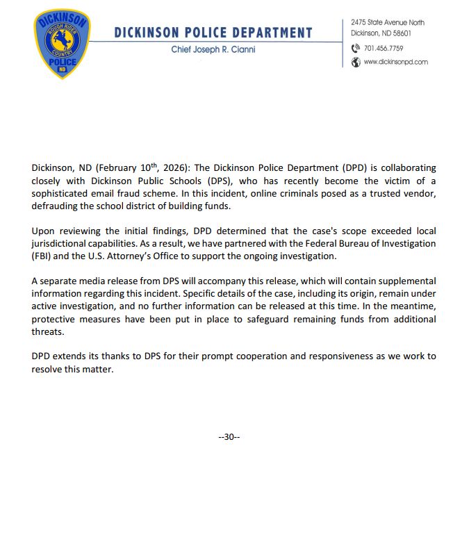 Dickinsonpd's tweet photo. **MEDIA RELEASE**

Please view this joint media release with Dickinson Public Schools in reference to a scam currently affecting the school district. https://t.co/zGvaRwXYSx