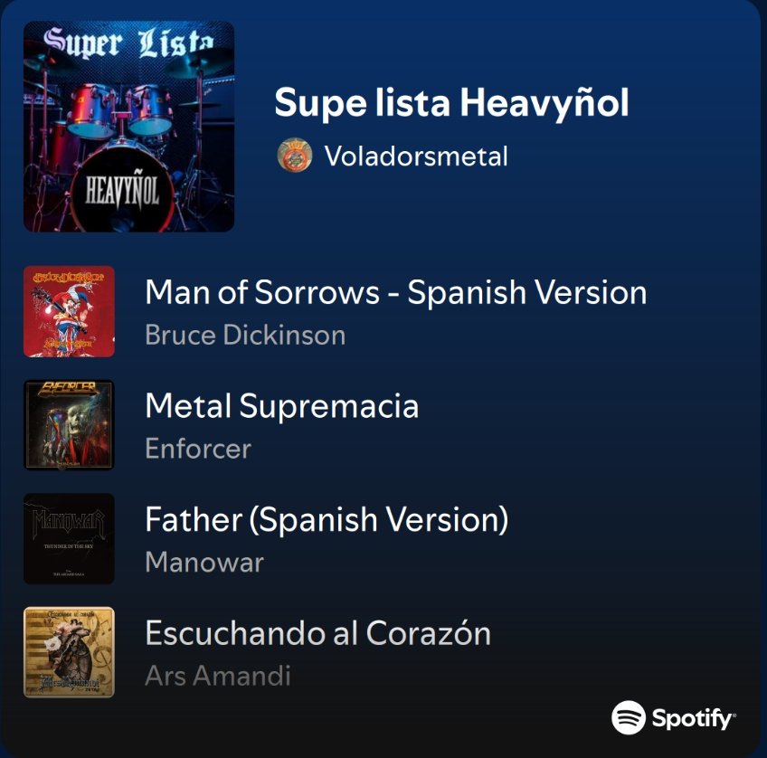 #rcde “Nueva súper lista, esta vez de heavy metal en español desde 1980 hasta hoy: más de 22 horas gracias a la colaboración de nuestro vicepresidente de <a href="/voladorsmetal/">VoladorsMetal</a>, <a href="/jugaponce/">jugaponce</a>; sin él no habría sido posible. 🤘
open.spotify.com/playlist/4jxhj…